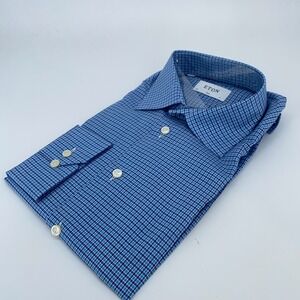 Eton Dress Shirt Mens XL 17 - 43 Blue White Plaid Slim Fit Collared Button Up